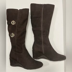 Antonio Melani Dark Brown Suede Knee High Boot Wedge Heel Zipper Women Size 9